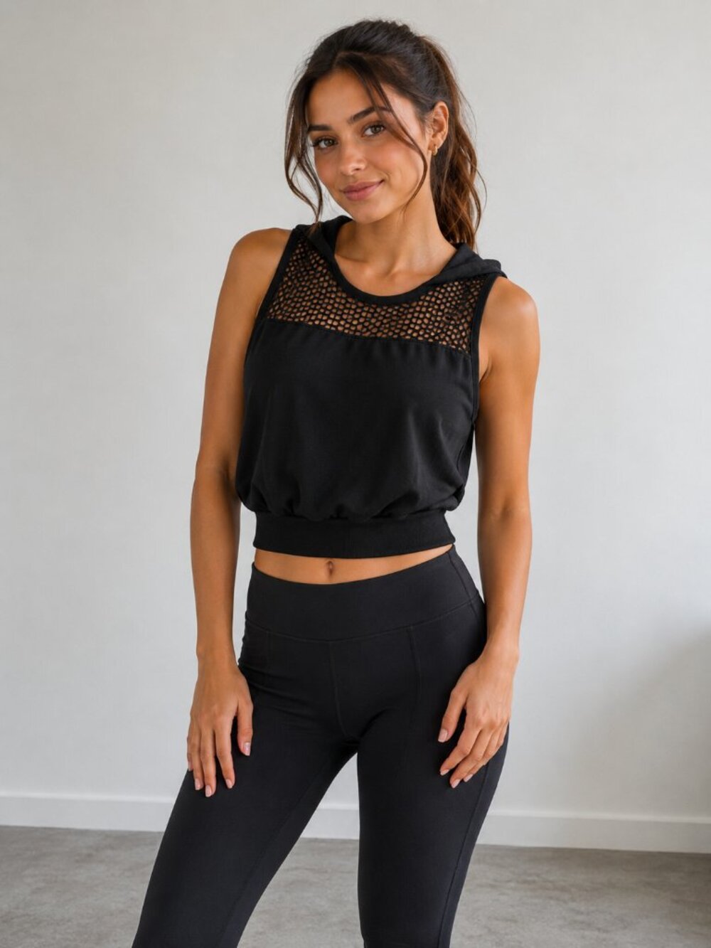 Fashion Nova Black Mesh Fishnet Sleeveless Hoodie Top Large NWOT